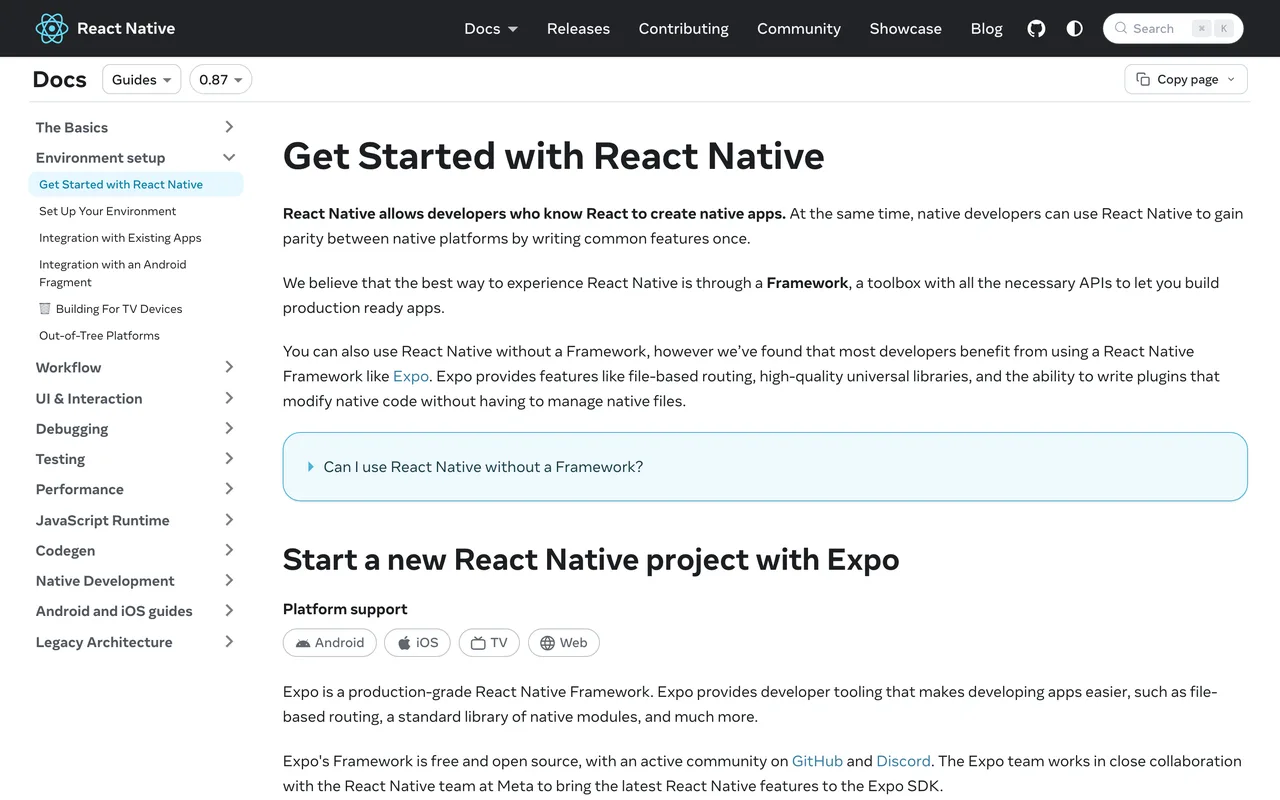 Documentation officielle React Native recommandant de démarrer avec un framework comme Expo, capture du 19 octobre 2026