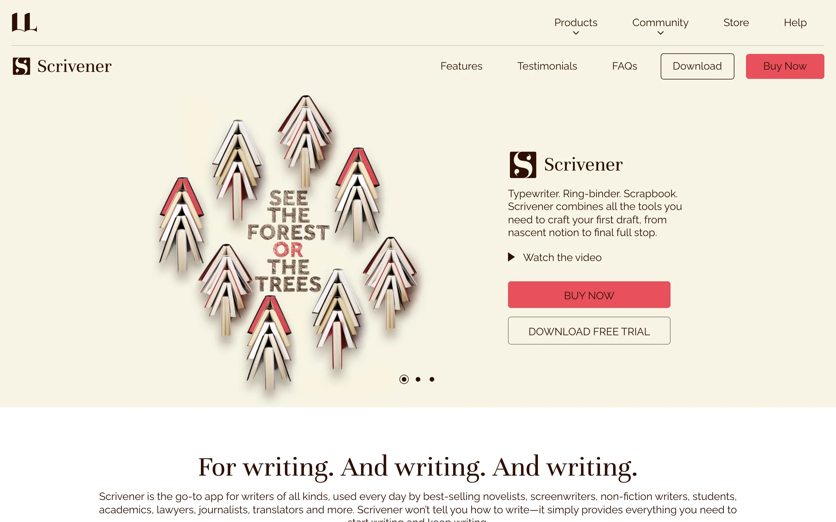 Page de présentation du logiciel d'écriture Scrivener