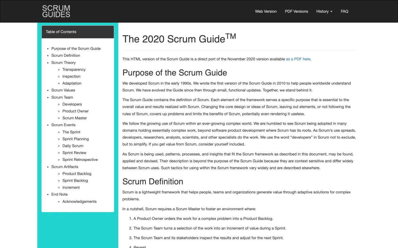 Page d’accueil du Scrum Guide 2020 en ligne, référence du cadre Scrum, consultée le 19 octobre 2026