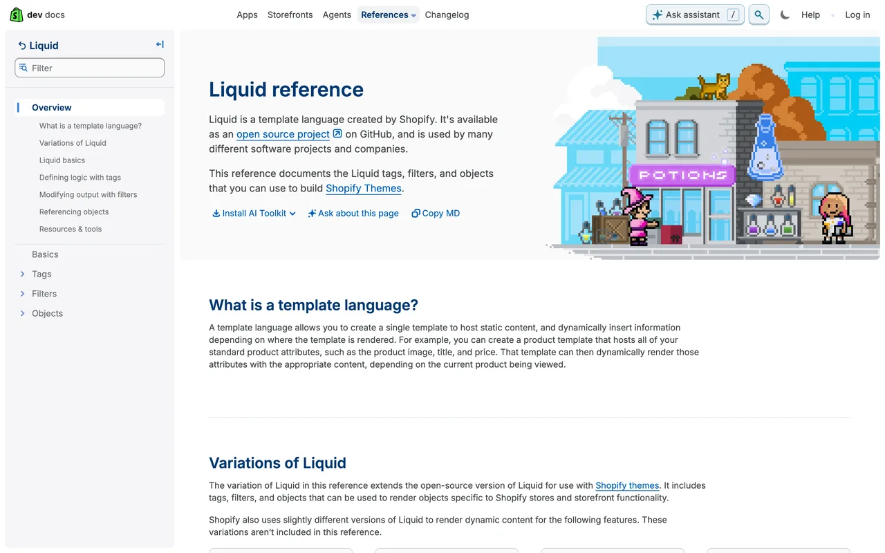Documentation développeurs de Shopify présentant Liquid, le langage de gabarits des thèmes Shopify, capture du 19 octobre 2026