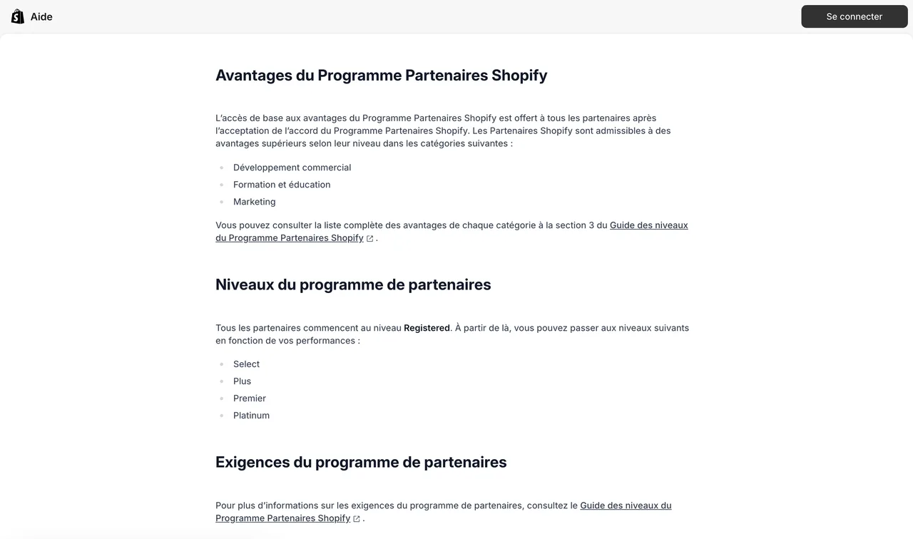 Centre d'aide Shopify présentant les niveaux du programme partenaires : Registered, Select, Plus, Premier, Platinum, capture du 19 octobre 2026