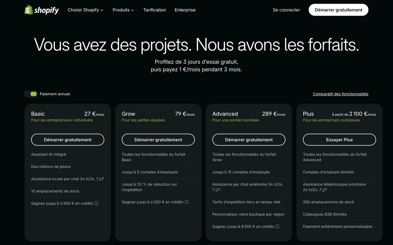 Page tarifs de Shopify en paiement annuel : Basic 27 euros, Grow 79 euros, Advanced 289 euros par mois, Plus à partir de 2 100 euros par mois, capture du 19 octobre 2026