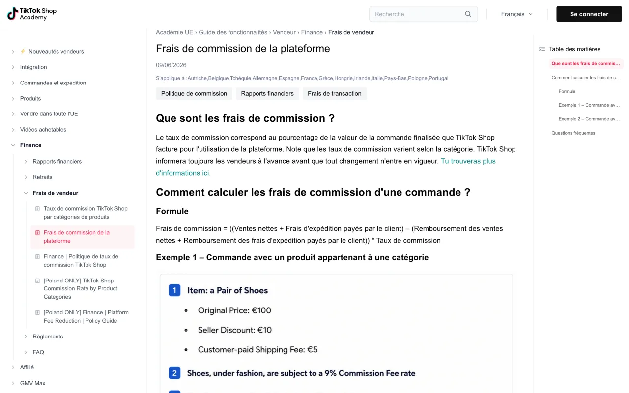 Formule officielle de calcul des frais de commission TikTok Shop, capture de la TikTok Shop Academy du 19/10/2026