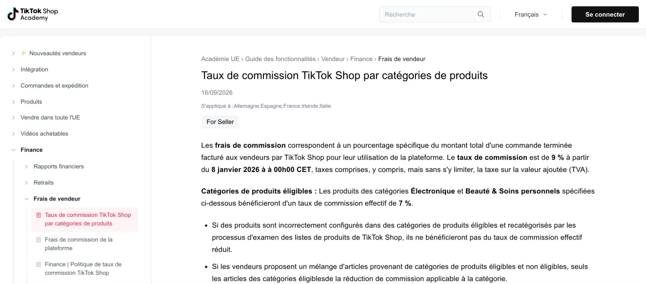 Page TikTok Shop Academy indiquant un taux de commission de 9 % TVA incluse depuis le 8 janvier 2026 et 7 % pour l'électronique, capture du 19/10/2026