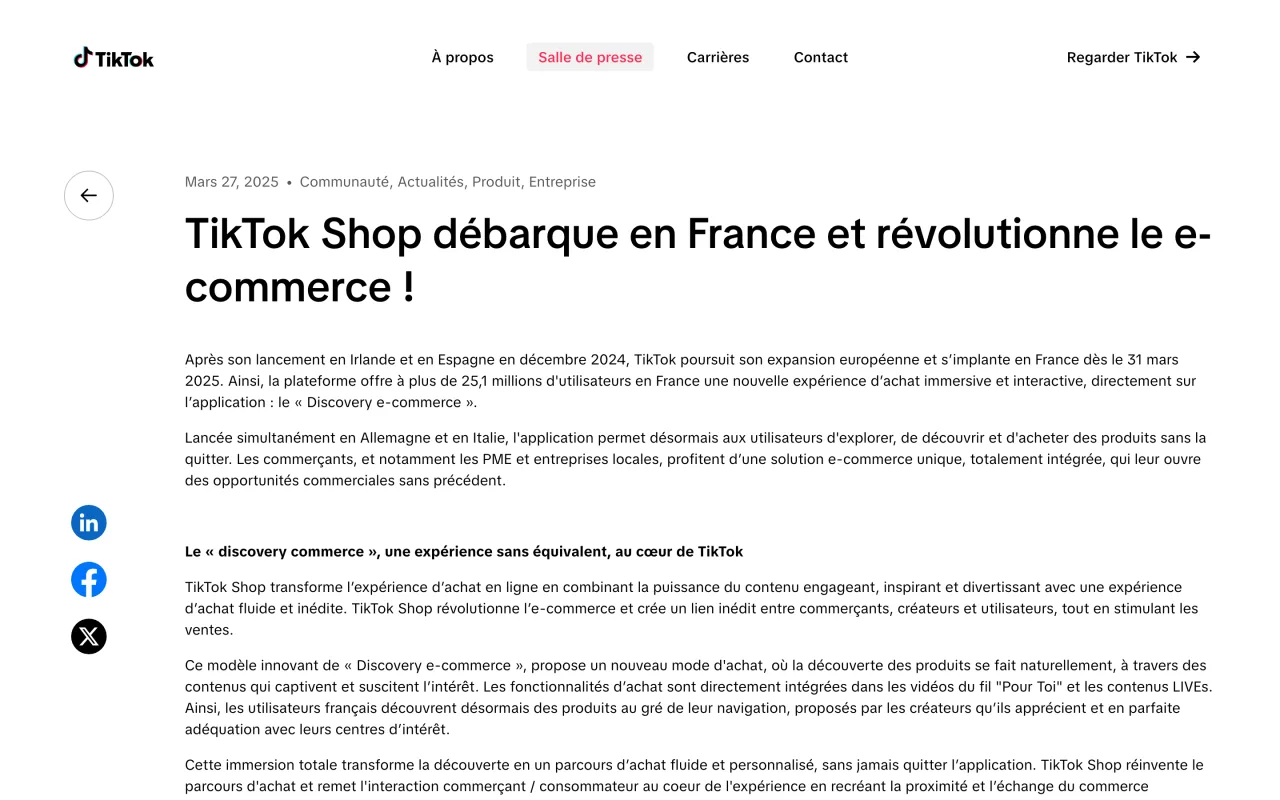 Annonce officielle TikTok du lancement de TikTok Shop en France le 31 mars 2025, capture du 19/10/2026
