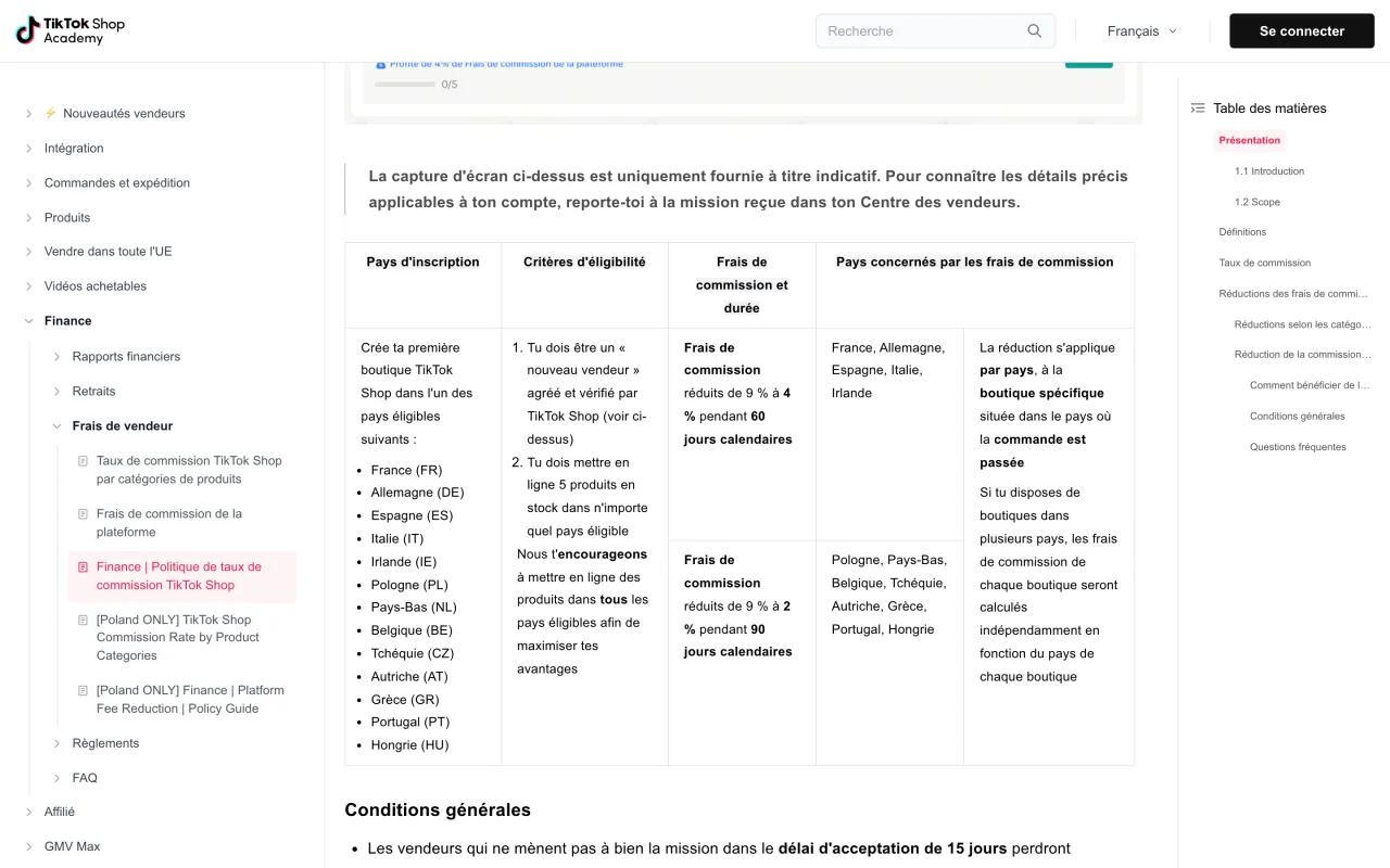 Tableau officiel TikTok Shop : commission réduite de 9 % à 4 % pendant 60 jours calendaires pour les nouveaux vendeurs en France, capture du 19/10/2026