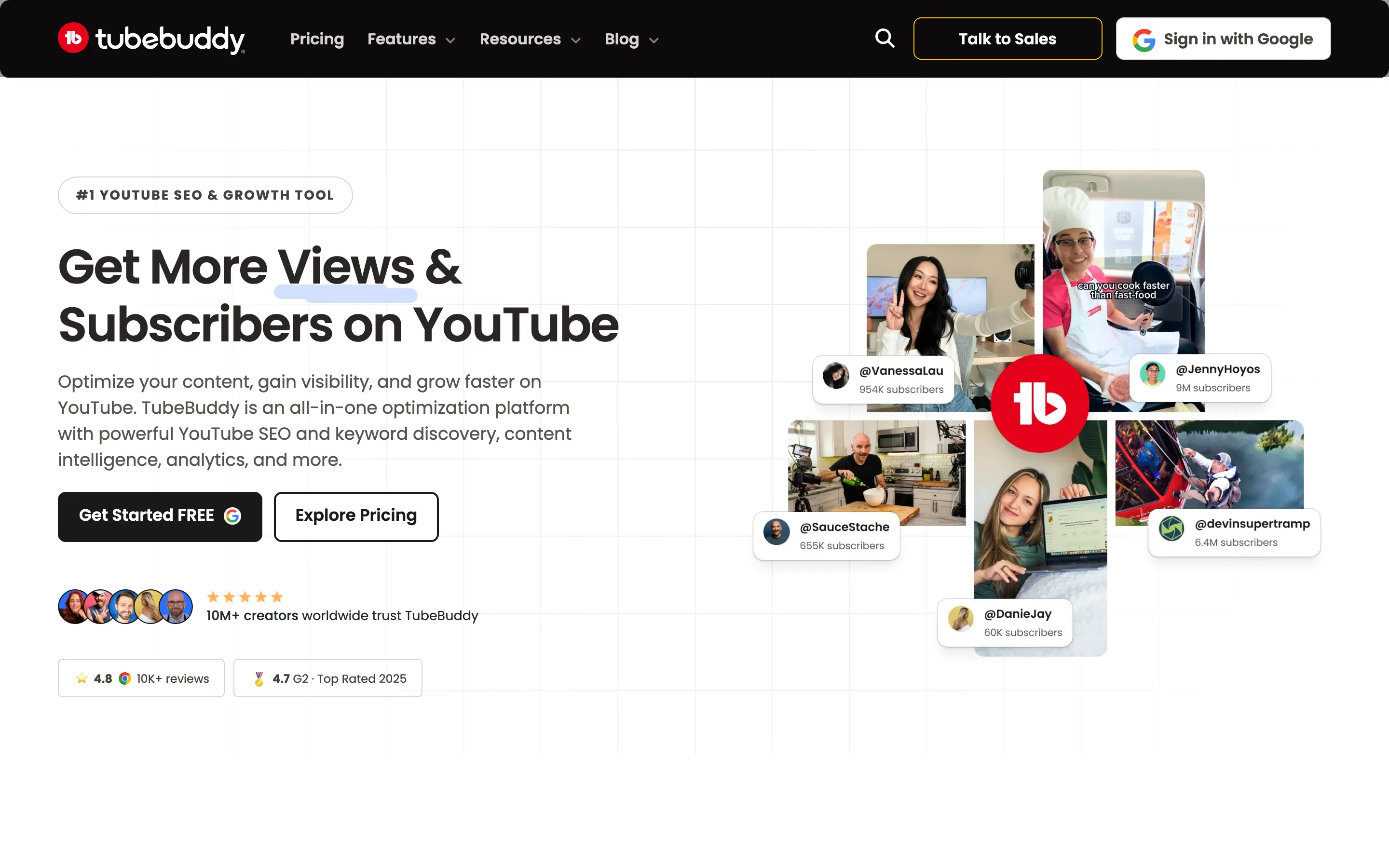 Page d'accueil de TubeBuddy, outil d'optimisation pour YouTube