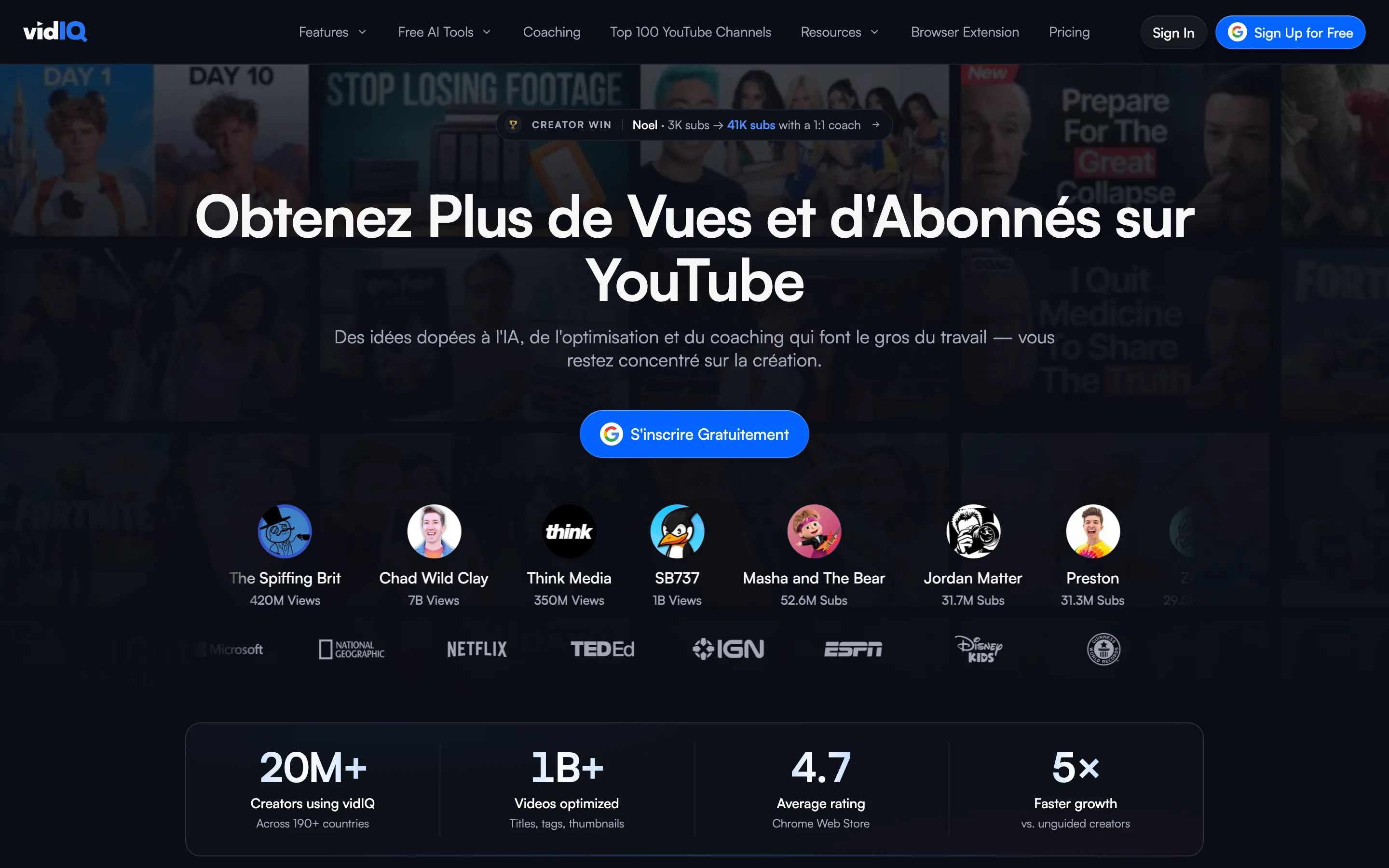 Page d'accueil de vidIQ en français