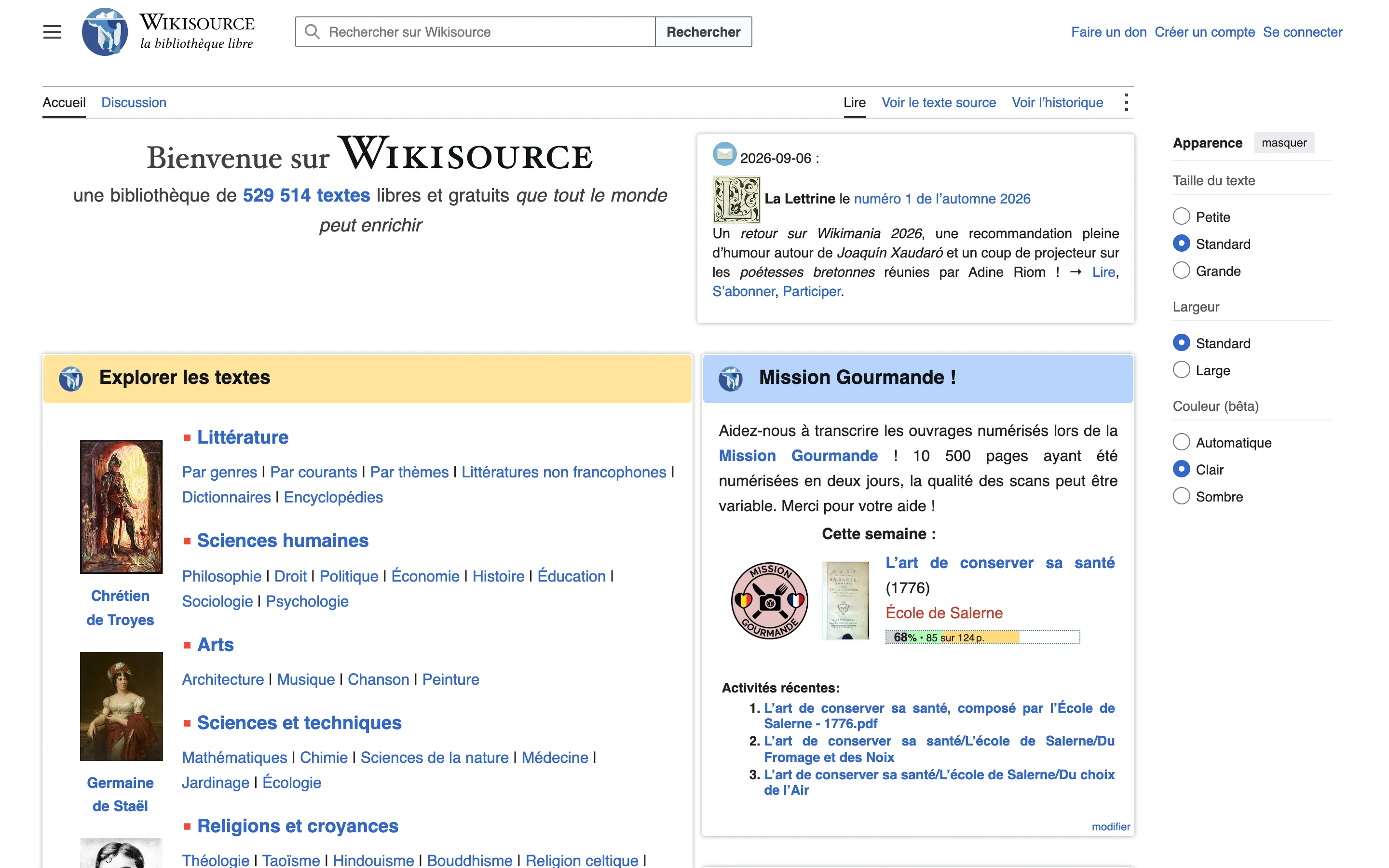 Page d'accueil de Wikisource en français, bibliothèque de textes libres