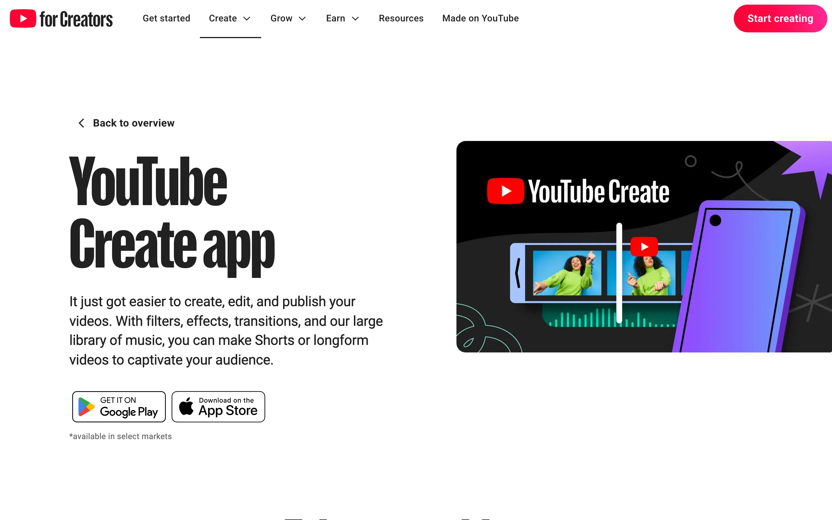 Page YouTube for Creators présentant l'application de montage YouTube Create