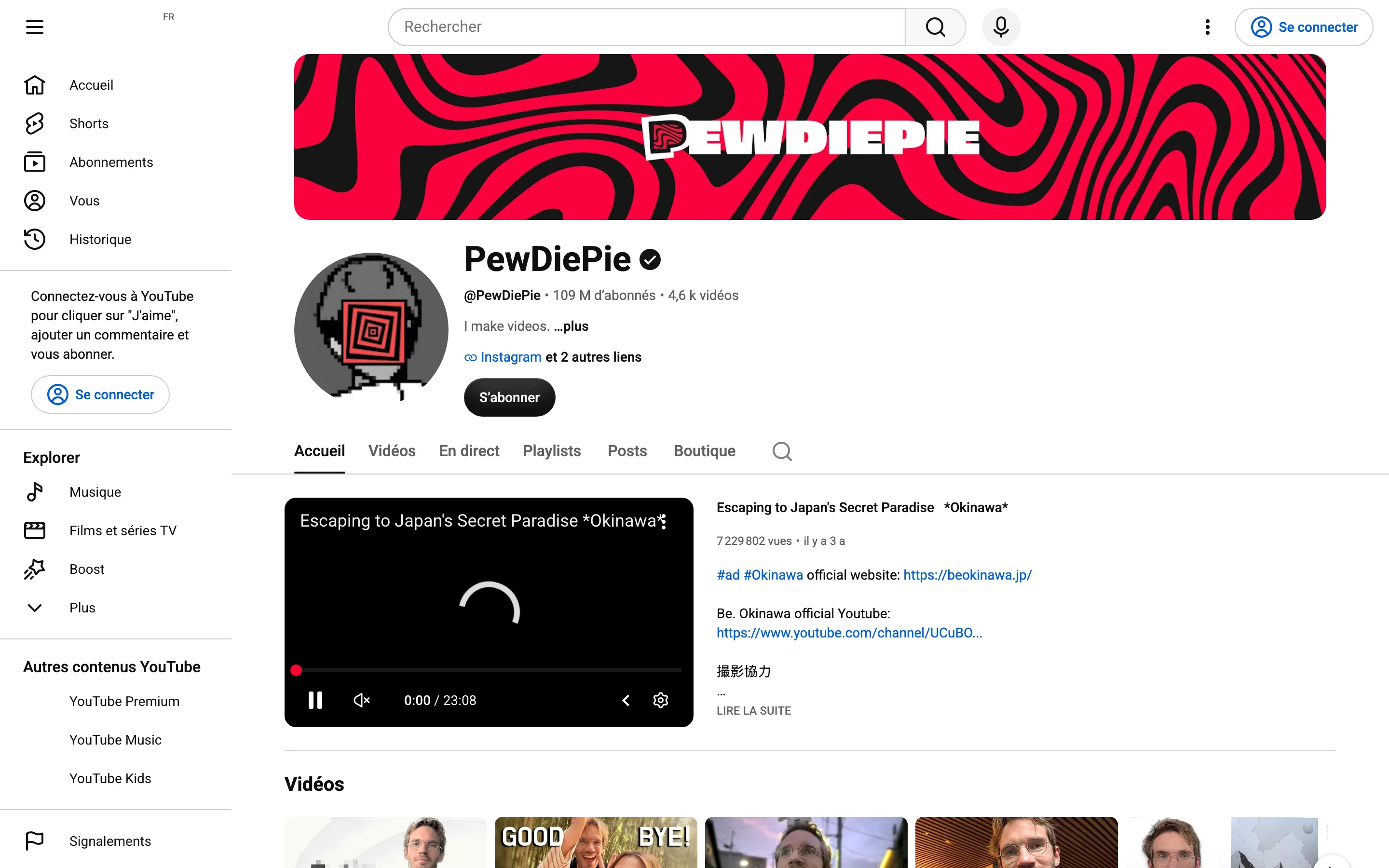 Chaîne YouTube de PewDiePie, 109 millions d'abonnés le 19 octobre 2026