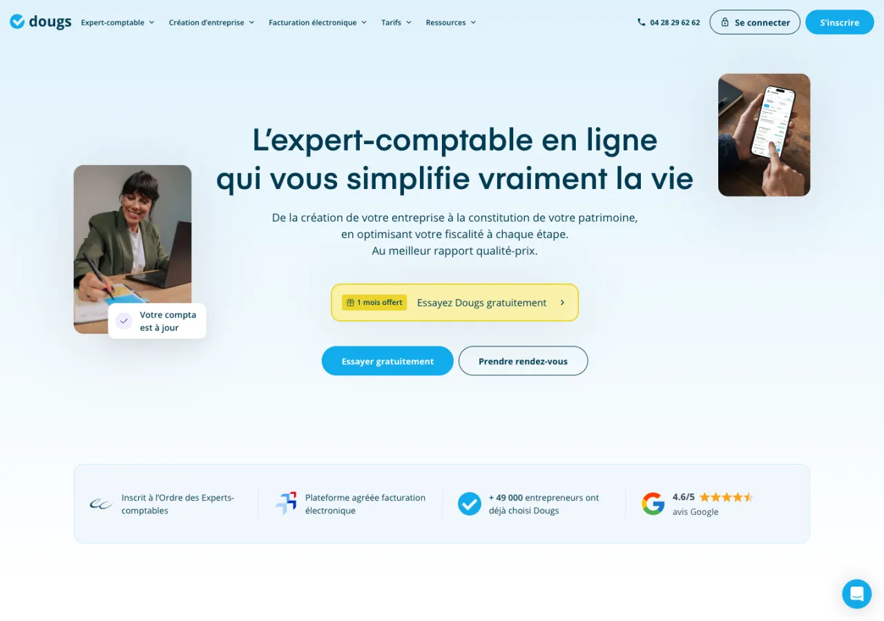 Page d'accueil de Dougs : promesse en une ligne, boutons « Essayer gratuitement » et « Prendre rendez-vous », éléments de confiance dessous
