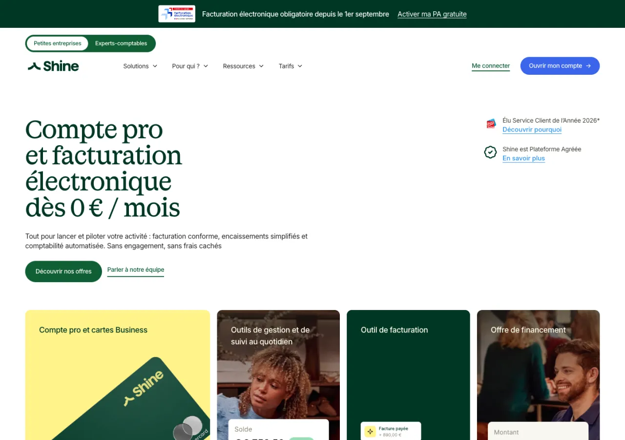 Page d'accueil de Shine : offre « Compte pro et facturation électronique dès 0 € / mois » et deux boutons d'action