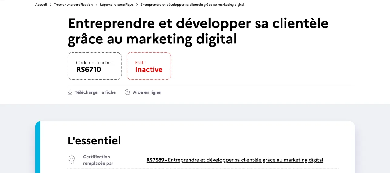 Fiche France compétences RS6710 à l’état inactive, remplacée par la fiche RS7589