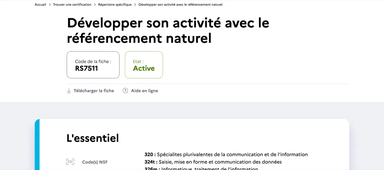 Fiche France compétences RS7511 Développer son activité avec le référencement naturel, état active