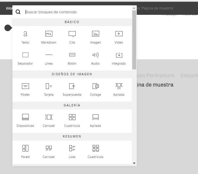 Bloques de contenido en el editor de Squarespace