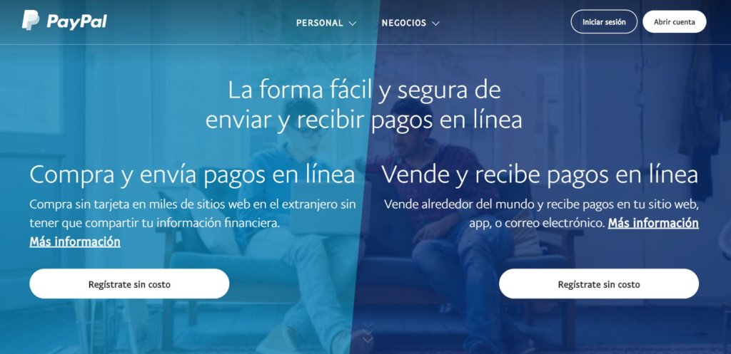 Página de PayPal en tonos azules, color que inspira confianza