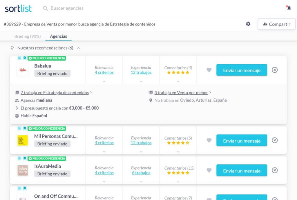 Búsqueda de agencias web en Sortlist