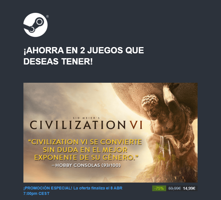 Estrategia de email marketing de Steam con la lista de deseados