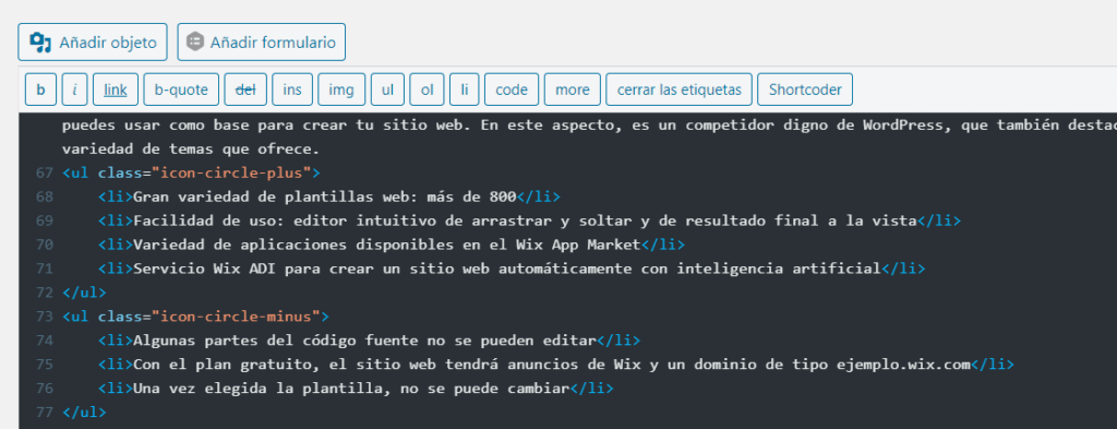 Edición en código fuente en el editor de WordPress