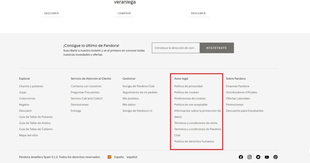 Aviso legal de la tienda online de la joyería Pandora