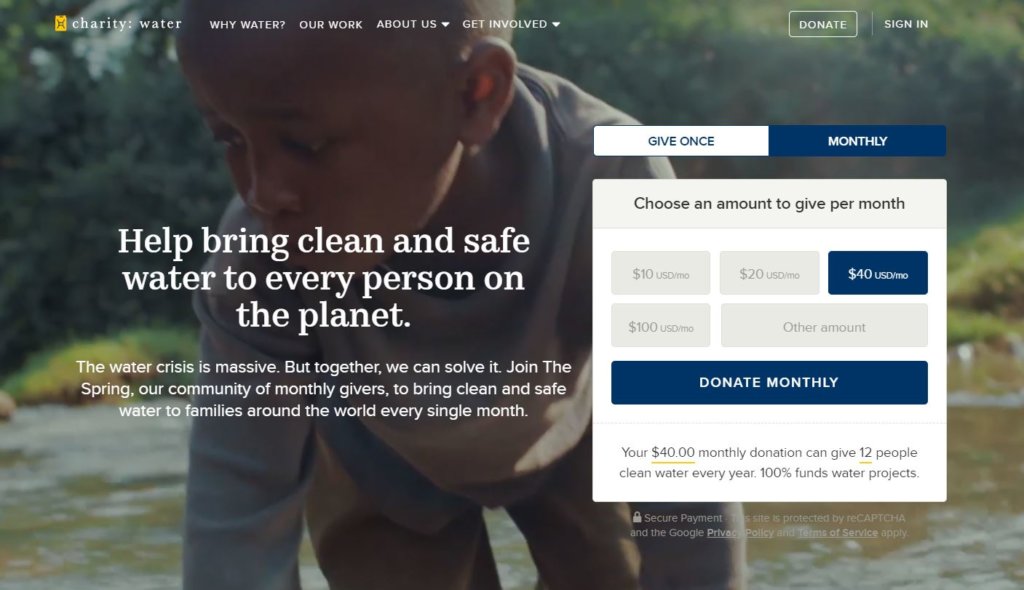 Sitio web de la ONG Charity Waters