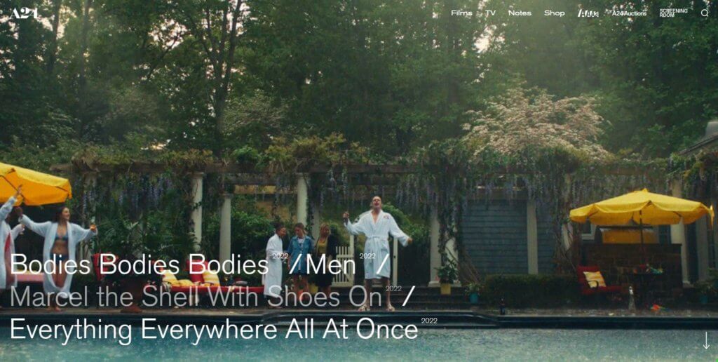 Homepage del sitio web de A24 Films