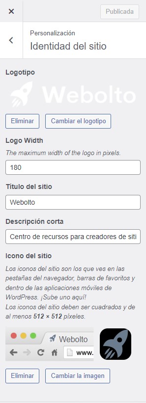 Configuración del favicon de La Fabrique du Net en el área de administrador de WordPress