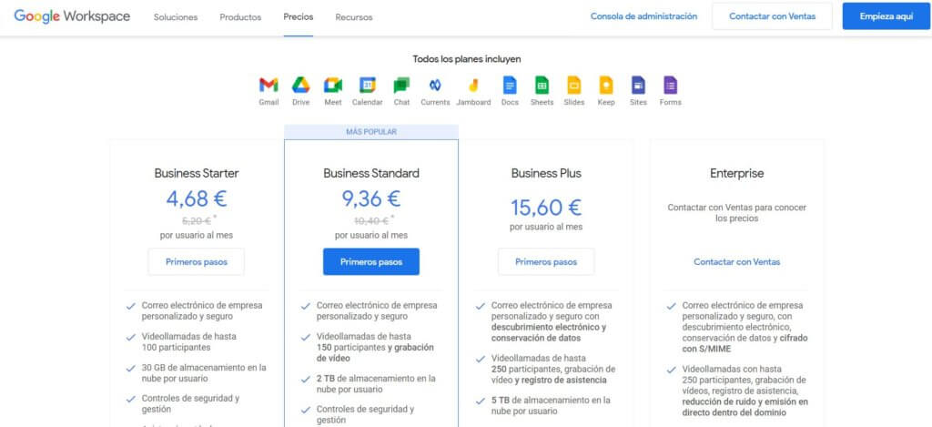 Tarifas de Google Workspace para integrar el email y otros servicios