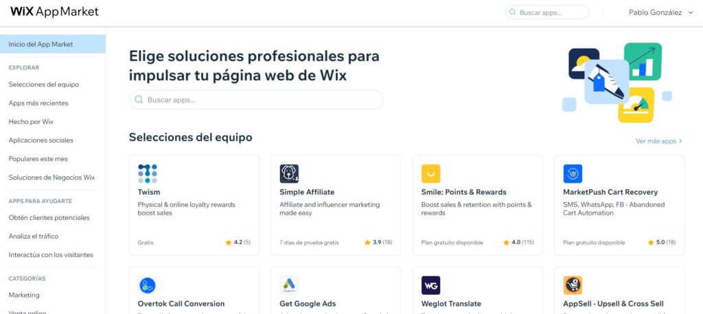 La apps del Wix App Market forman parte del precio de Wix
