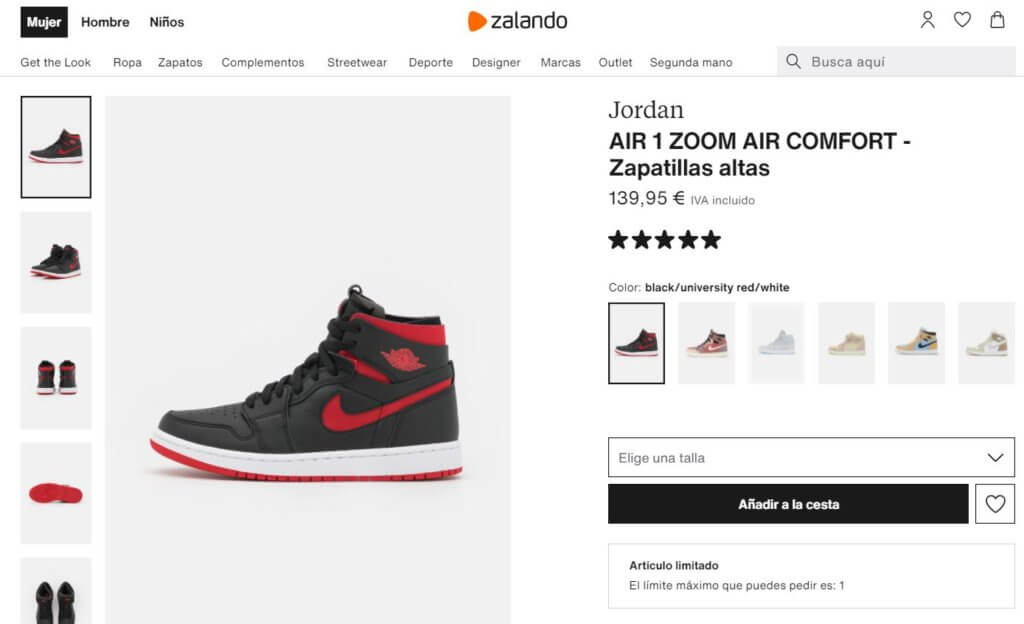 Descripción de productos en tienda online ejemplo de Zalando