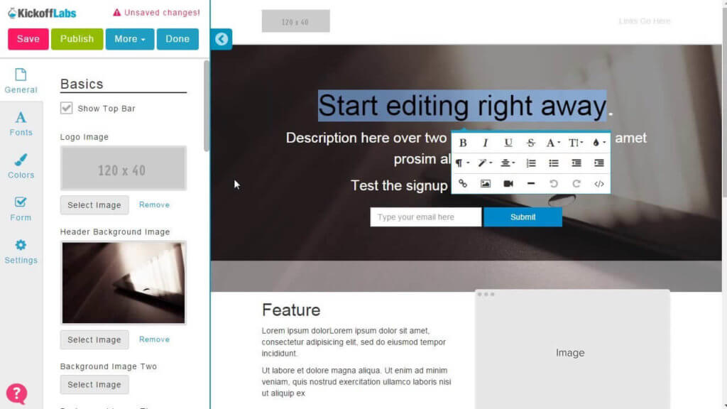 Editor de KickoffLabs para lansing pages