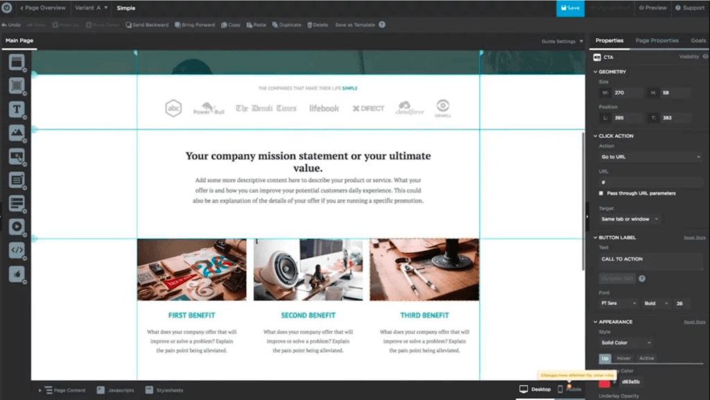 Editor de Unbounce para crear landing pages gratis