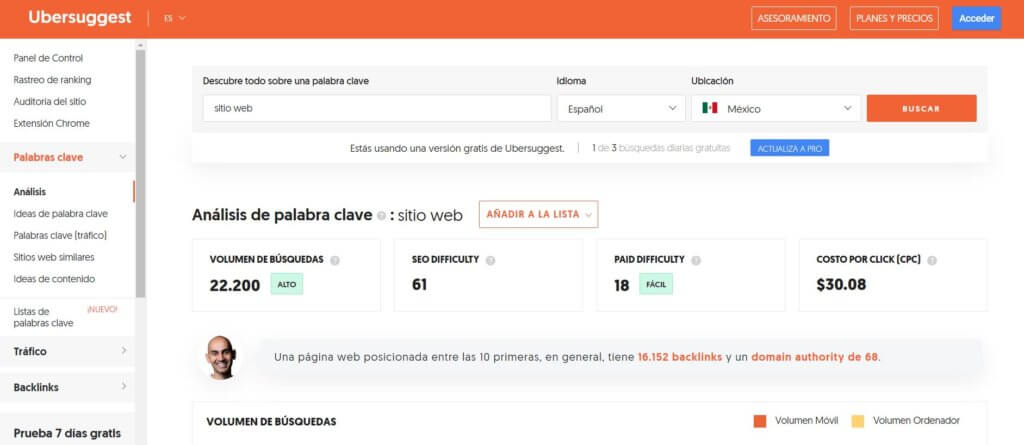 Búsqueda de palabras clave con Ubersuggest para el SEO